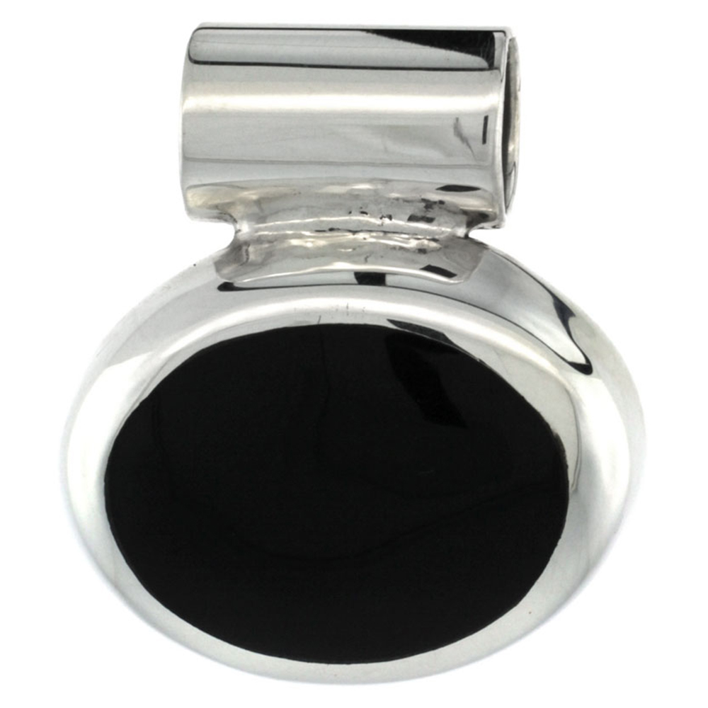 Sterling Silver Black Obsidian Stone Slide Pendant Oval Shape, 1 inch wide,