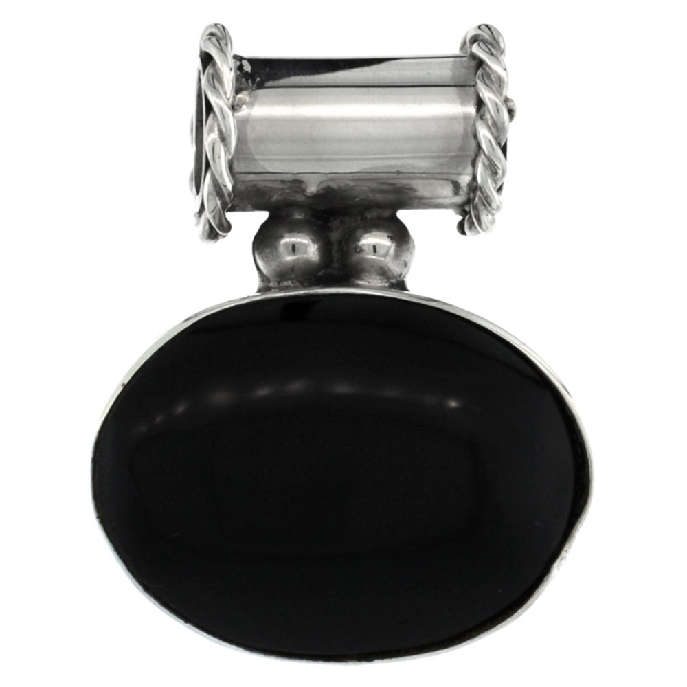 Sterling Silver Black Obsidian Slide Pendant Large Oval, 1 inch wide,