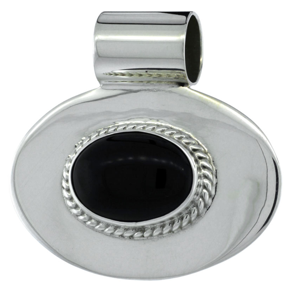 Sterling Silver Black Obsidian Pendant Slide Oval shape, 1 3/4 inch wide,