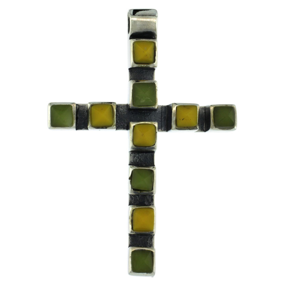 Sterling Silver Latin Cross Pendant Slide, w/ Pyramid-shaped Yellow & Green Stones 1 5/8 inch tall