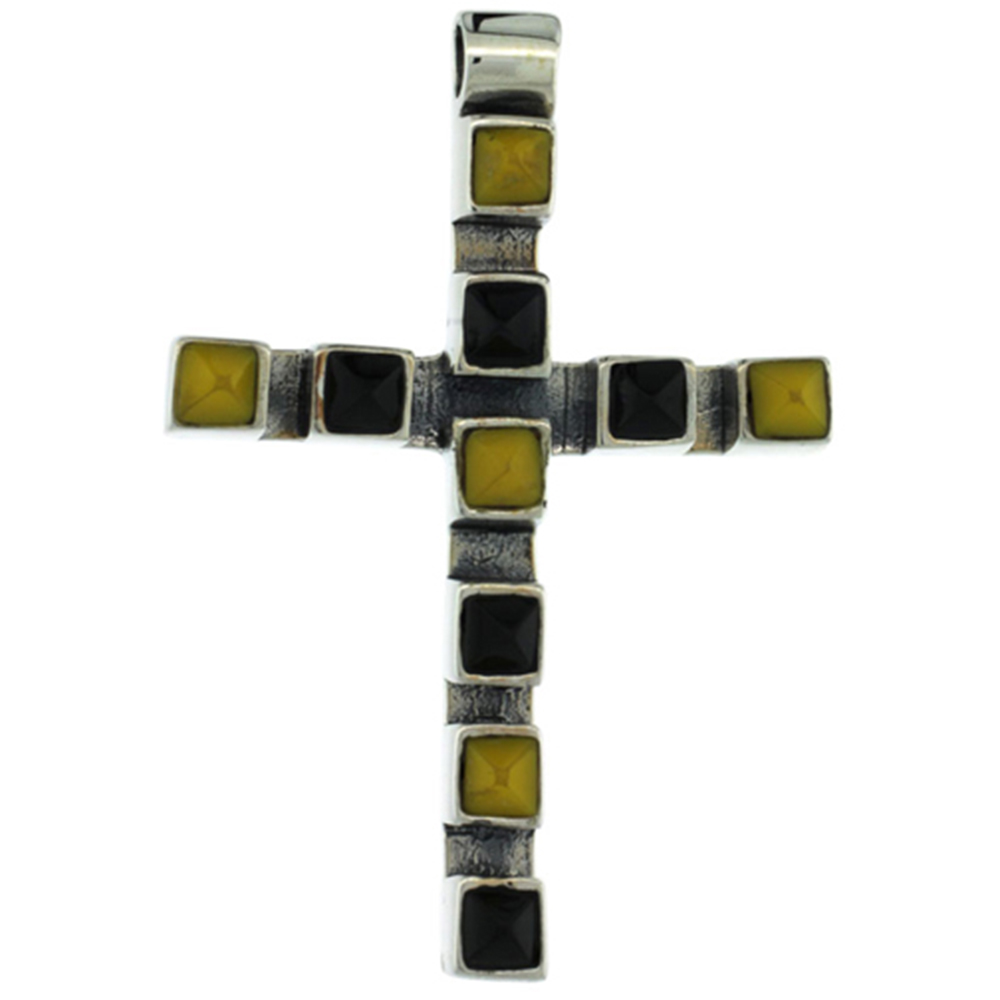 Sterling Silver Latin Cross Pendant Slide, w/ Pyramid-shaped Yellow & Black Stones 1 5/8 inch tall