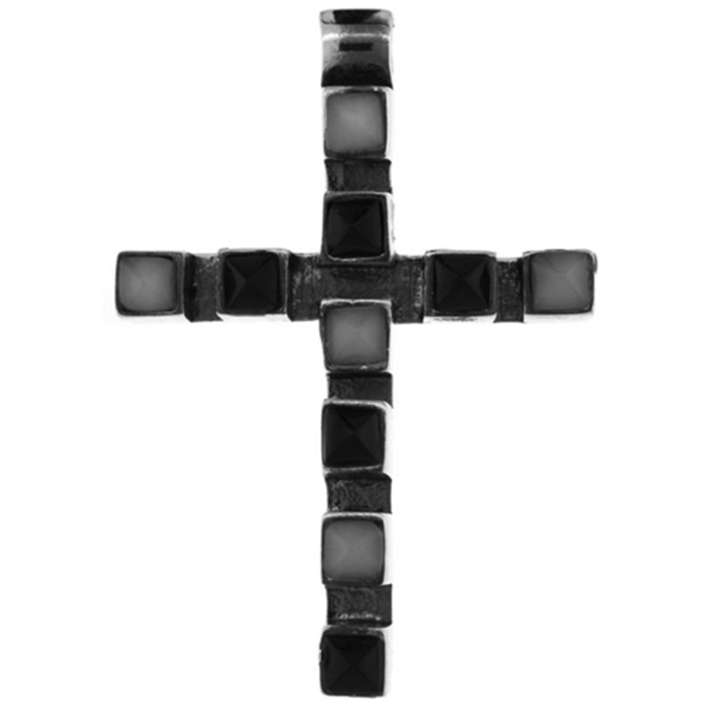 Sterling Silver Latin Cross Pendant Slide, w/ Pyramid-shaped White &amp; Black Stones 1 5/8 inch tall