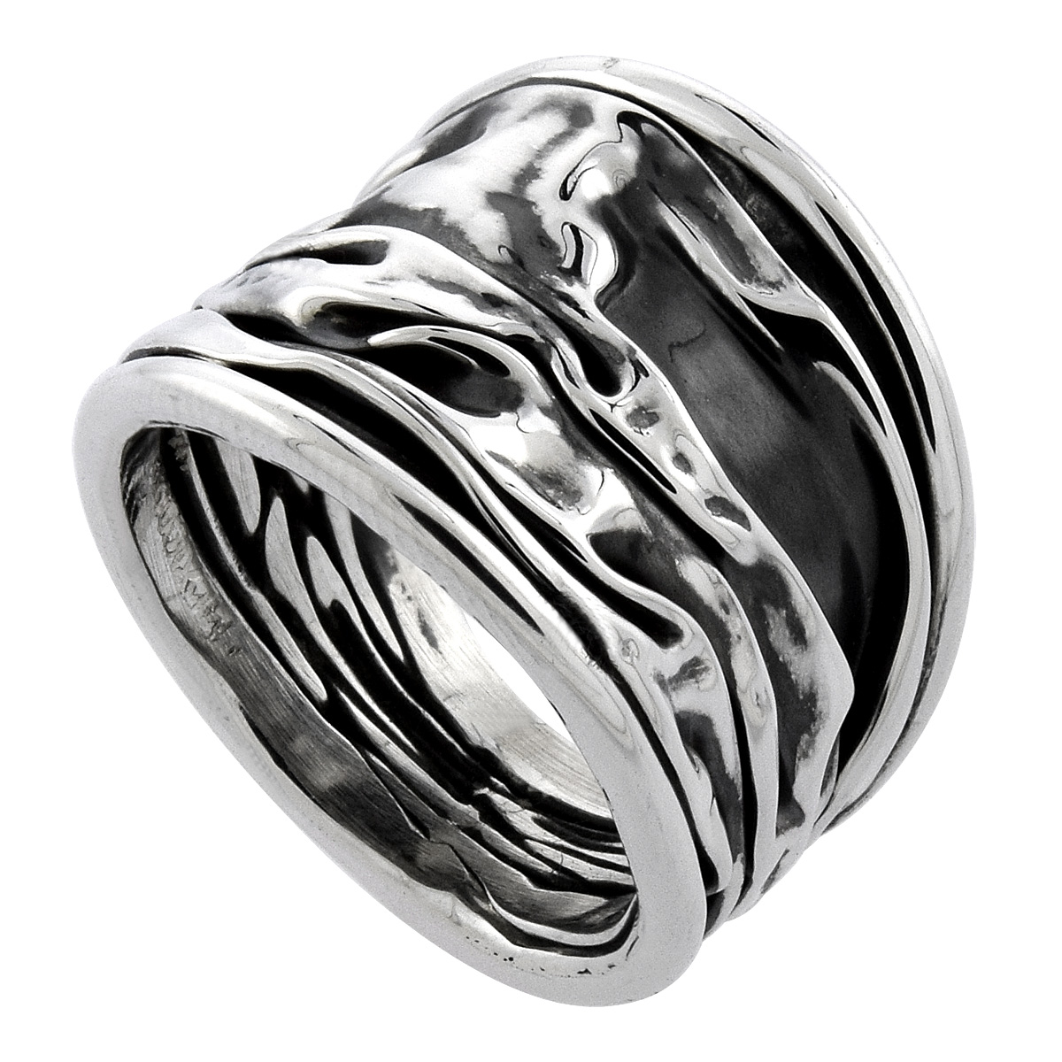 Sterling Silver Crinkled Ring Tapered Handmade Antiqued finish 9/16 inch wide