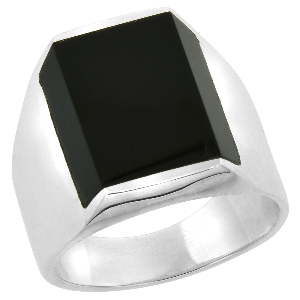 Sterling Silver Black Obsidian Ring for Men Rectangular Flat Solid Back Handmade, sizes 9 - 13