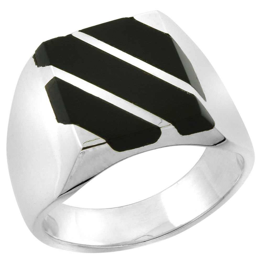 Sterling Silver Black Obsidian Ring for Men Square Triple Diagonal Solid Back Handmade, sizes 9 - 13