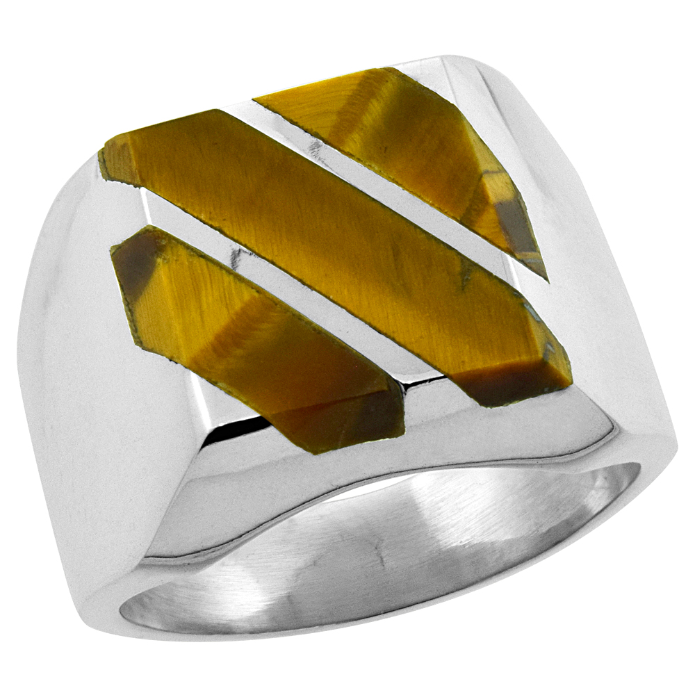 Sterling Silver Tiger Eye Ring for Men Square Triple Diagonal Solid Back Handmade, sizes 9-13