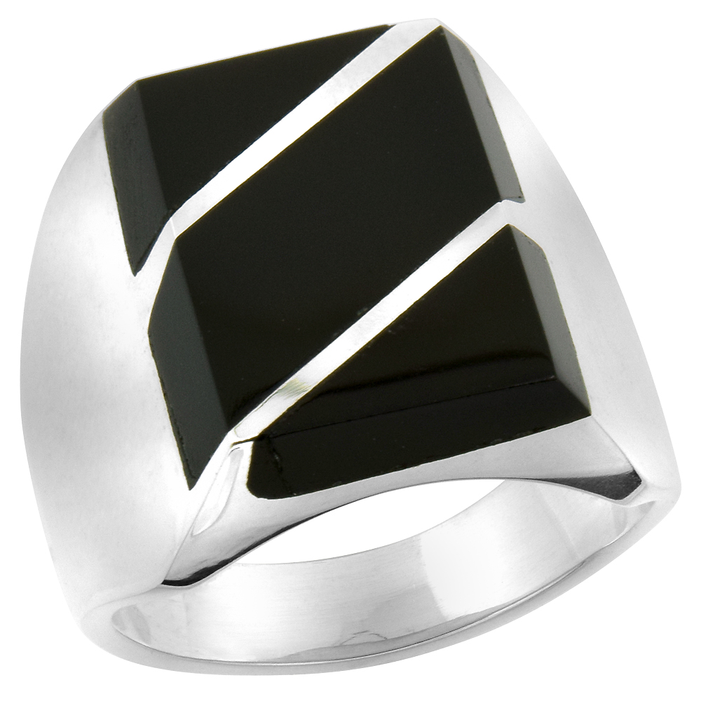 Sterling Silver Black Obsidian Ring for Men Rectangular Diagonal Stripes Solid Back Handmade, sizes 9 - 13