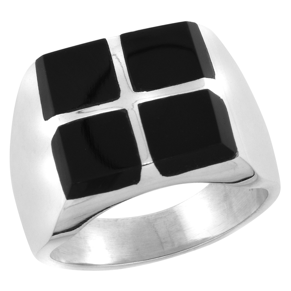 Sterling Silver Black Obsidian Ring for Men Square Cross Solid Back Handmade, sizes 9 - 13