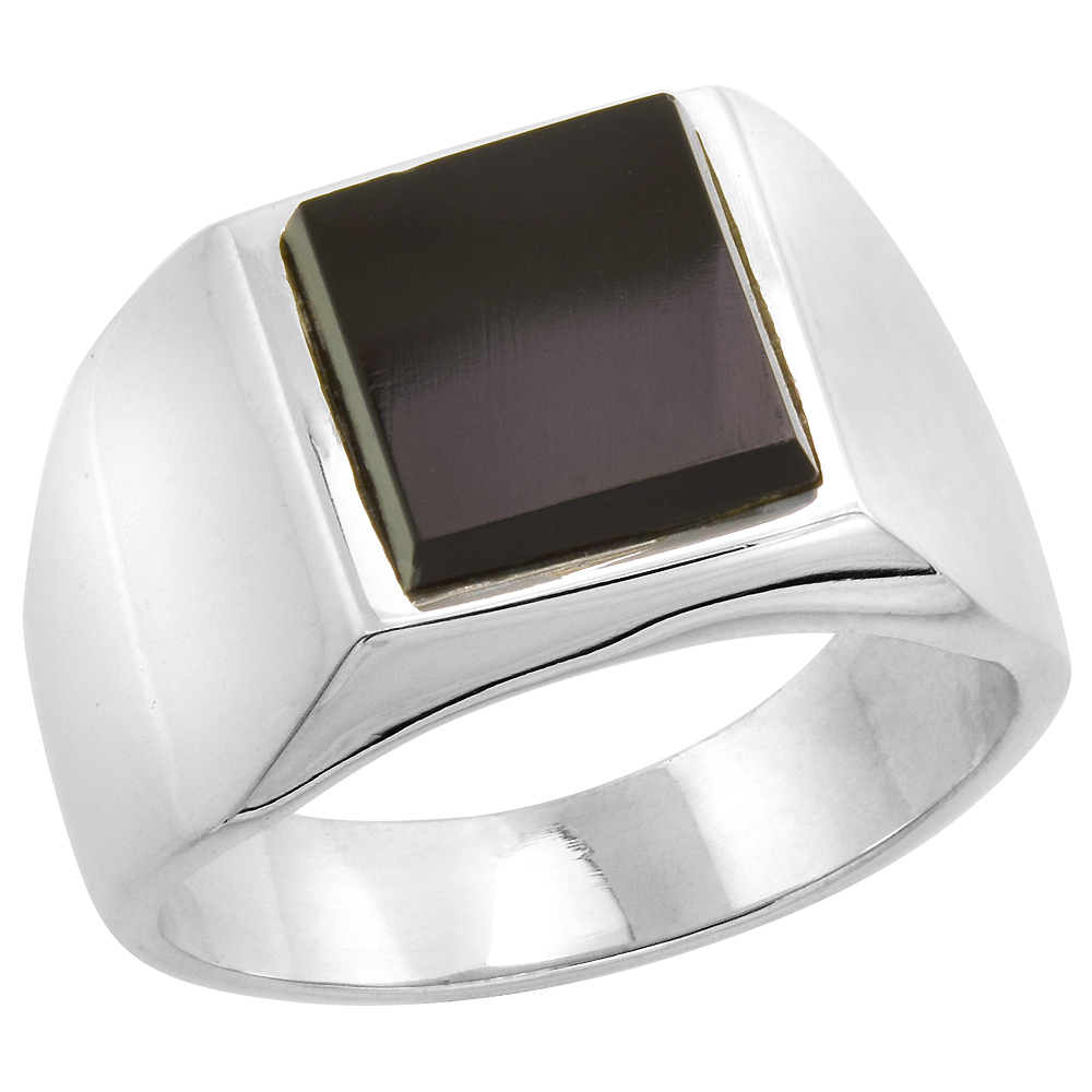 Sterling Silver Black Obsidian Ring for Men Square Flat Solid Back Handmade, sizes 9 - 13