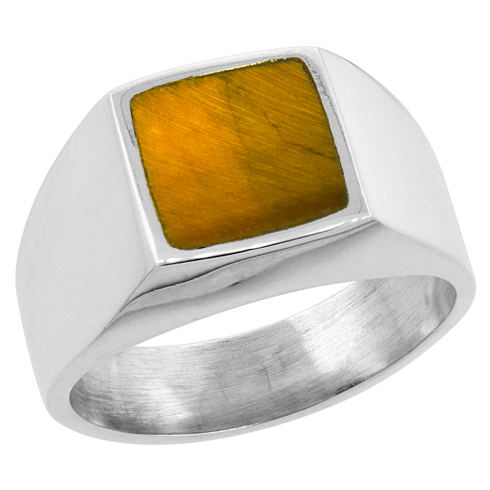 Sterling Silver Tiger Eye Ring for Men Square Flat Solid Back Handmade, sizes 9-13