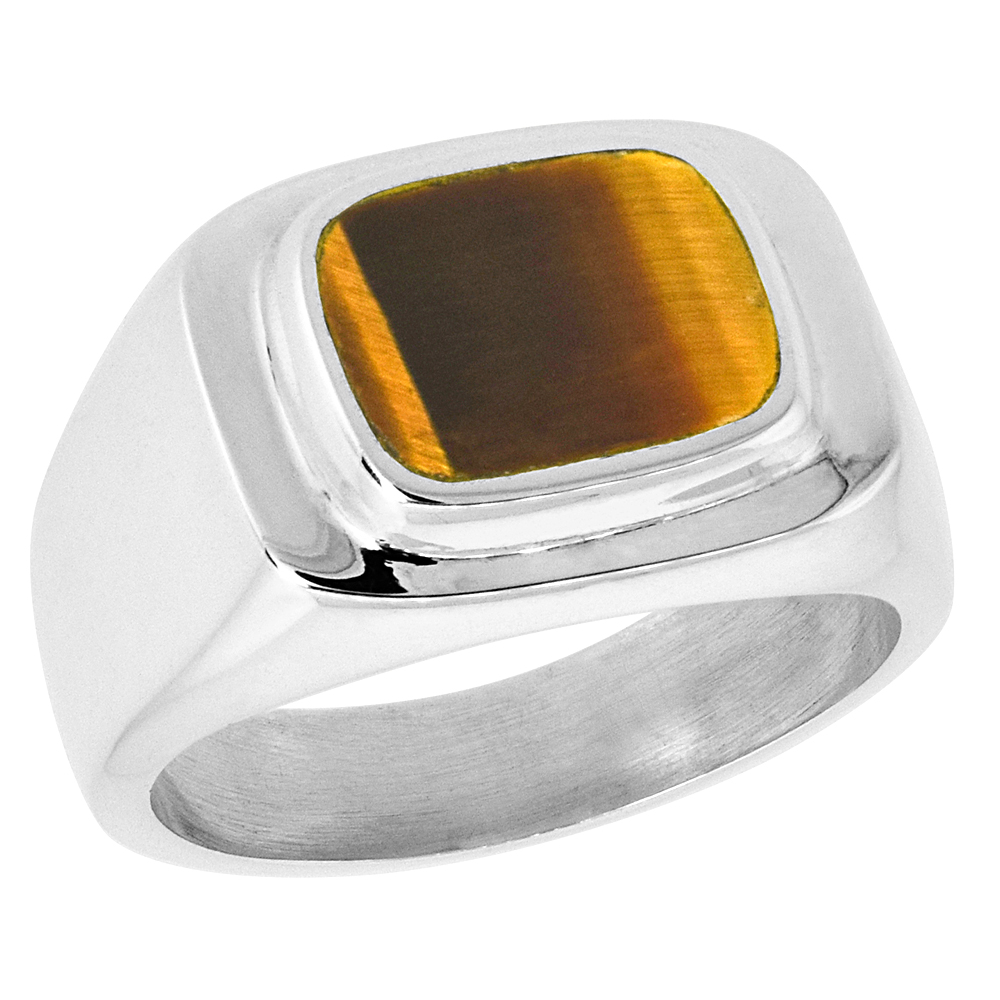 Sterling Silver Tiger Eye Ring for Men Rounded Rectangular Raised Solid Back Handmade, sizes 9-13