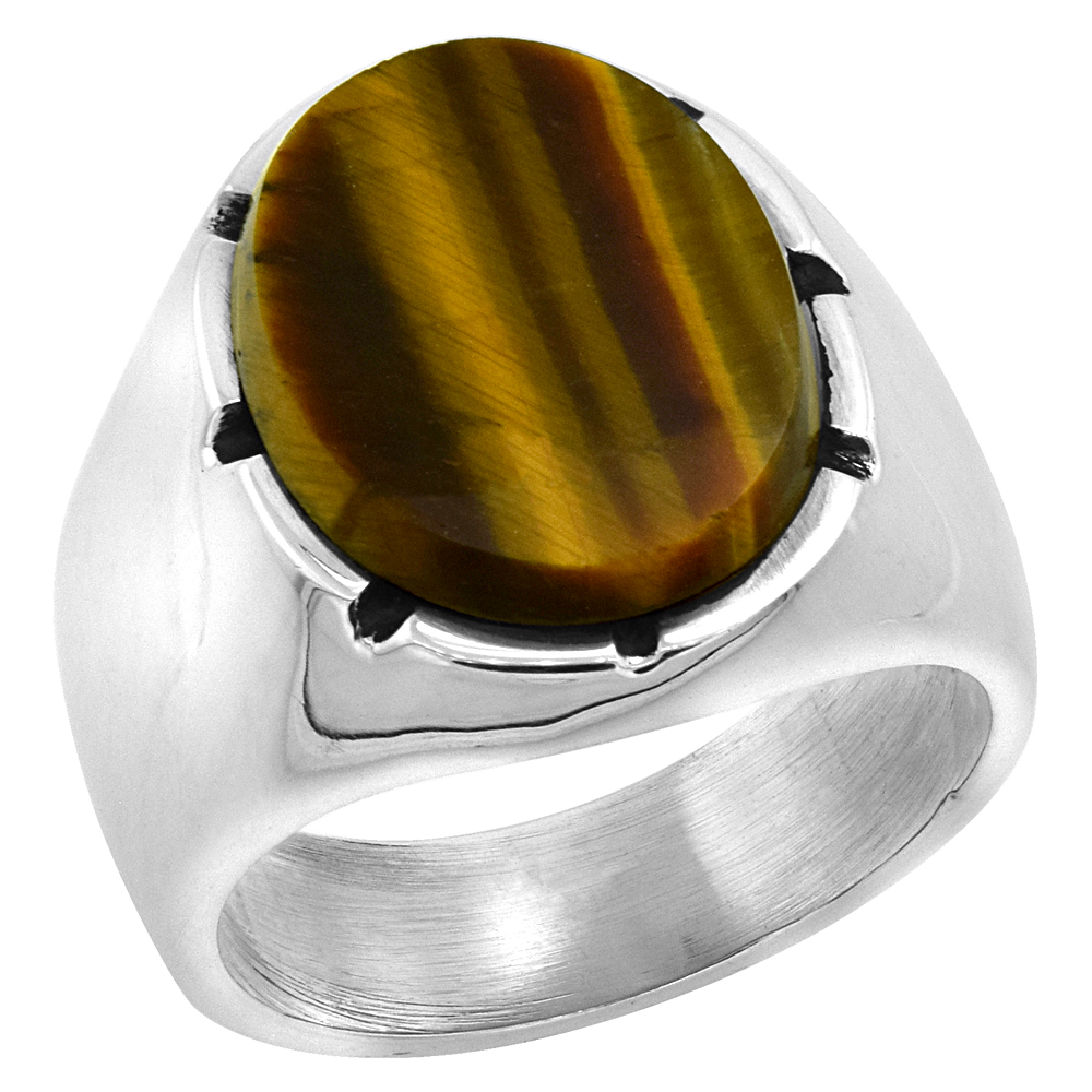 Sterling Silver Tiger Eye Ring for Men Large Oval Notched Bezel Solid Back Handmade, sizes 9-13