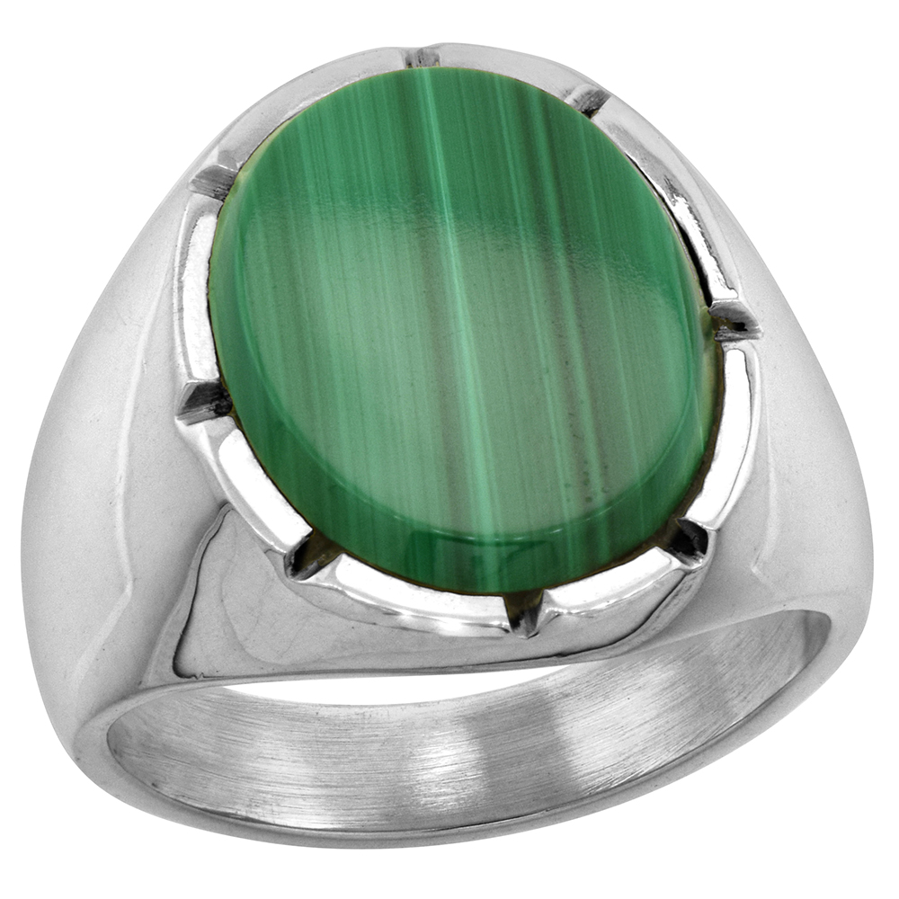 Sterling Silver Malachite Ring for Men Large Oval Notched Bezel Solid Back Handmade, sizes 9 - 13