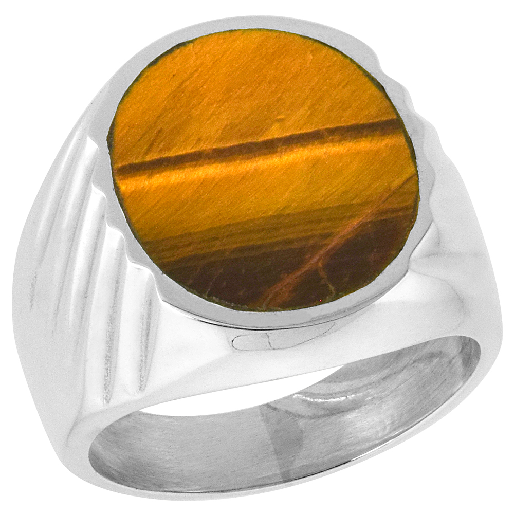 Sterling Silver Tiger Eye Ring for Men Large Oval Flat Solid Back Handmade, sizes 9-13