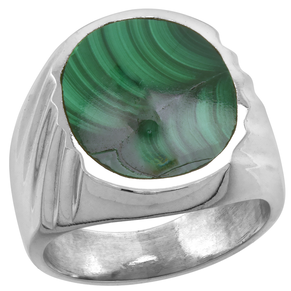 Sterling Silver Malachite Ring for Men Large Oval Flat Solid Back Handmade, sizes 9 - 13