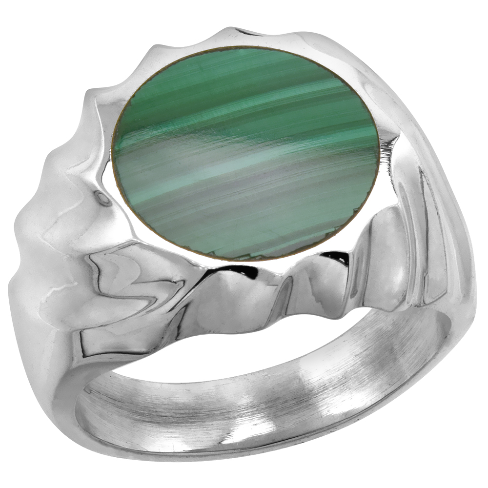 Sterling Silver Malachite Ring for Men Round Spiral Bezel Solid Back Handmade, sizes 9 - 13