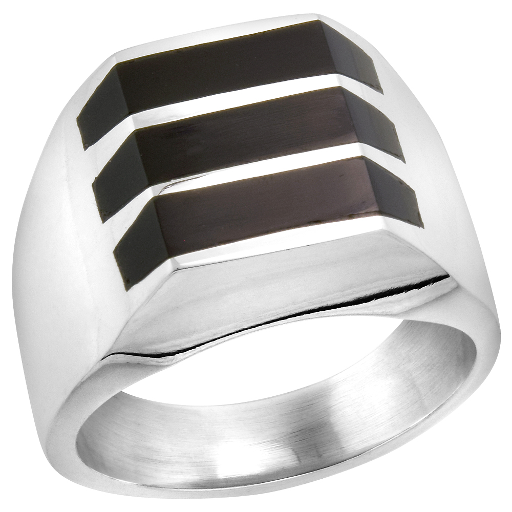 Sterling Silver Black Obsidian Ring for Men Square Triple Stripe Solid Back Handmade, sizes 9 - 13