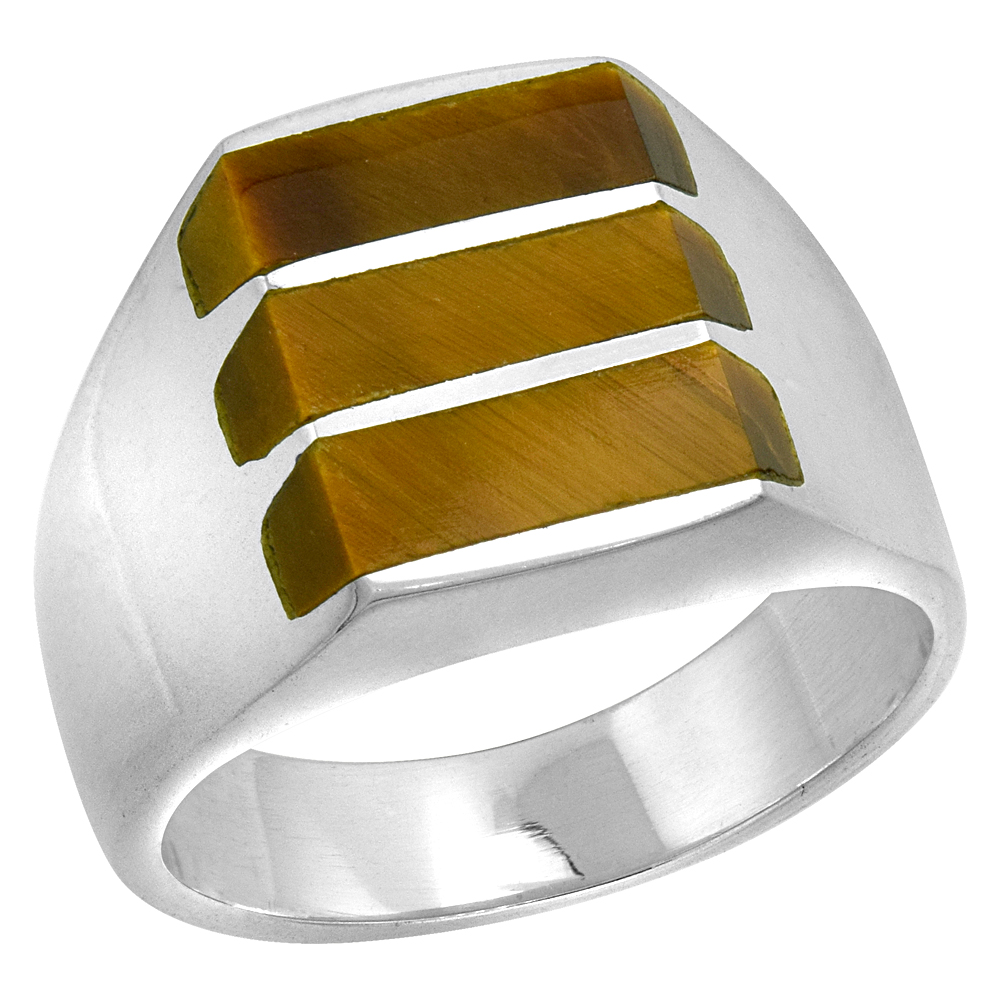 Sterling Silver Tiger Eye Ring for Men Square Triple Stripe Solid Back Handmade, sizes 9-13