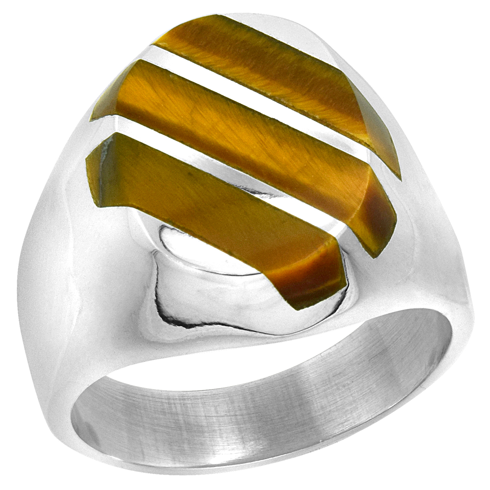 Sterling Silver Tiger Eye Ring for Men Large Oval 3 Stripe Diagonal Solid Back Handmade, sizes 9-13