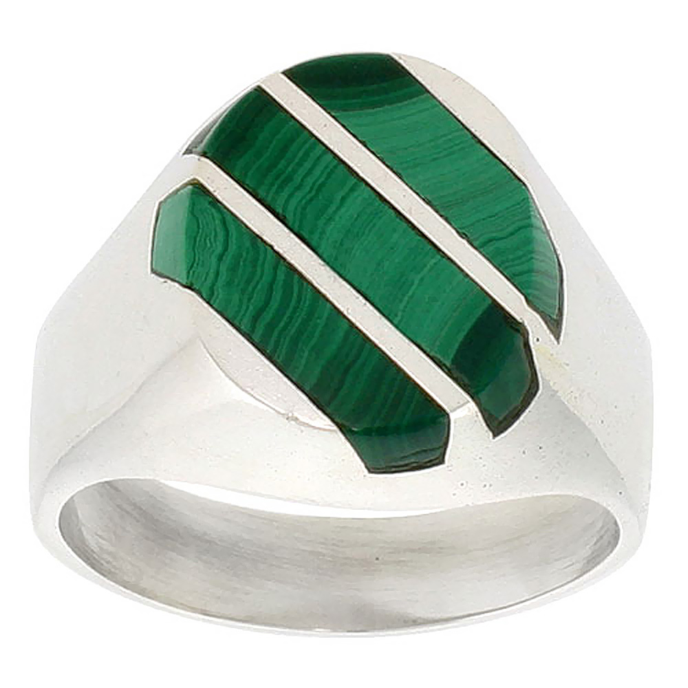 Sterling Silver Malachite Ring for Men Large Oval 3 Stripe Diagonal Solid Back Handmade, sizes 9 - 13