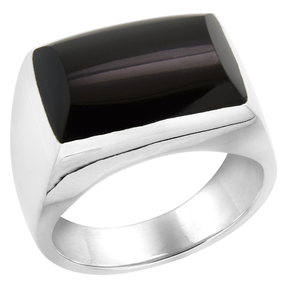 Sterling Silver Black Obsidian Ring for Men Rectangular Domed Solid Back Handmade, sizes 9 - 13