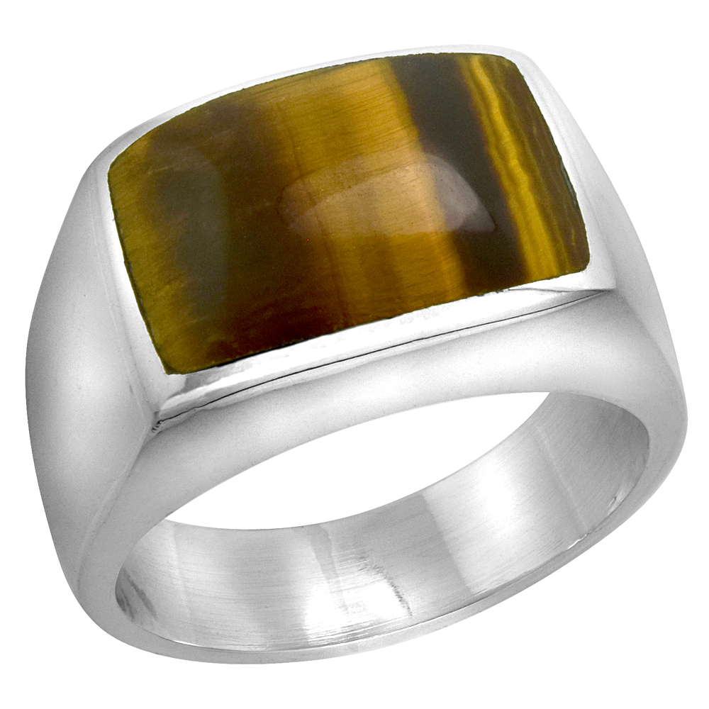 Sterling Silver Tiger Eye Ring for Men Rectangular Domed Solid Back Handmade, sizes 9-13