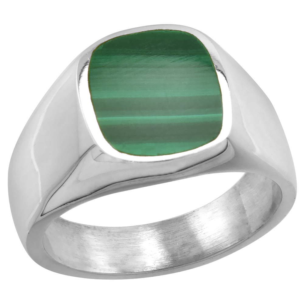 Sterling Silver Malachite Ring for Men Square rounded Flat Solid Back Handmade, sizes 9 - 13