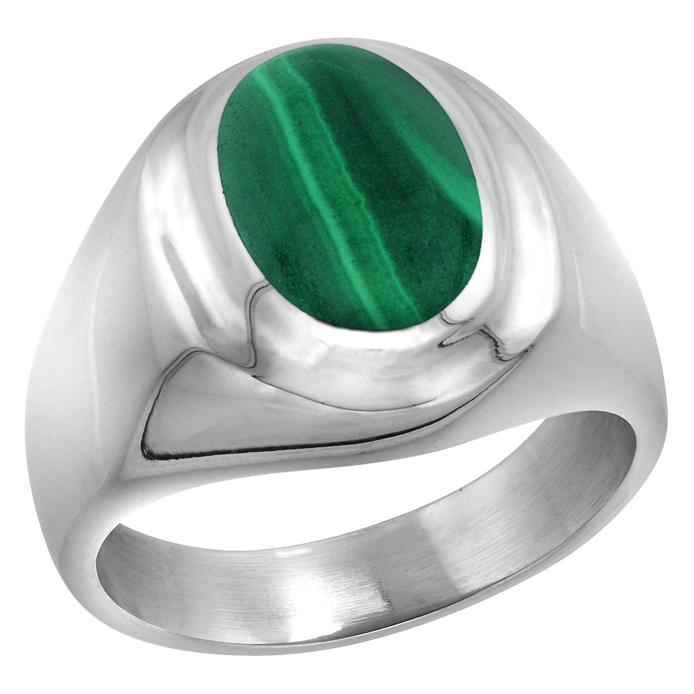 Sterling Silver Malachite Ring for Men Oval Recessed Rim Solid Back Handmade, sizes 9 - 13