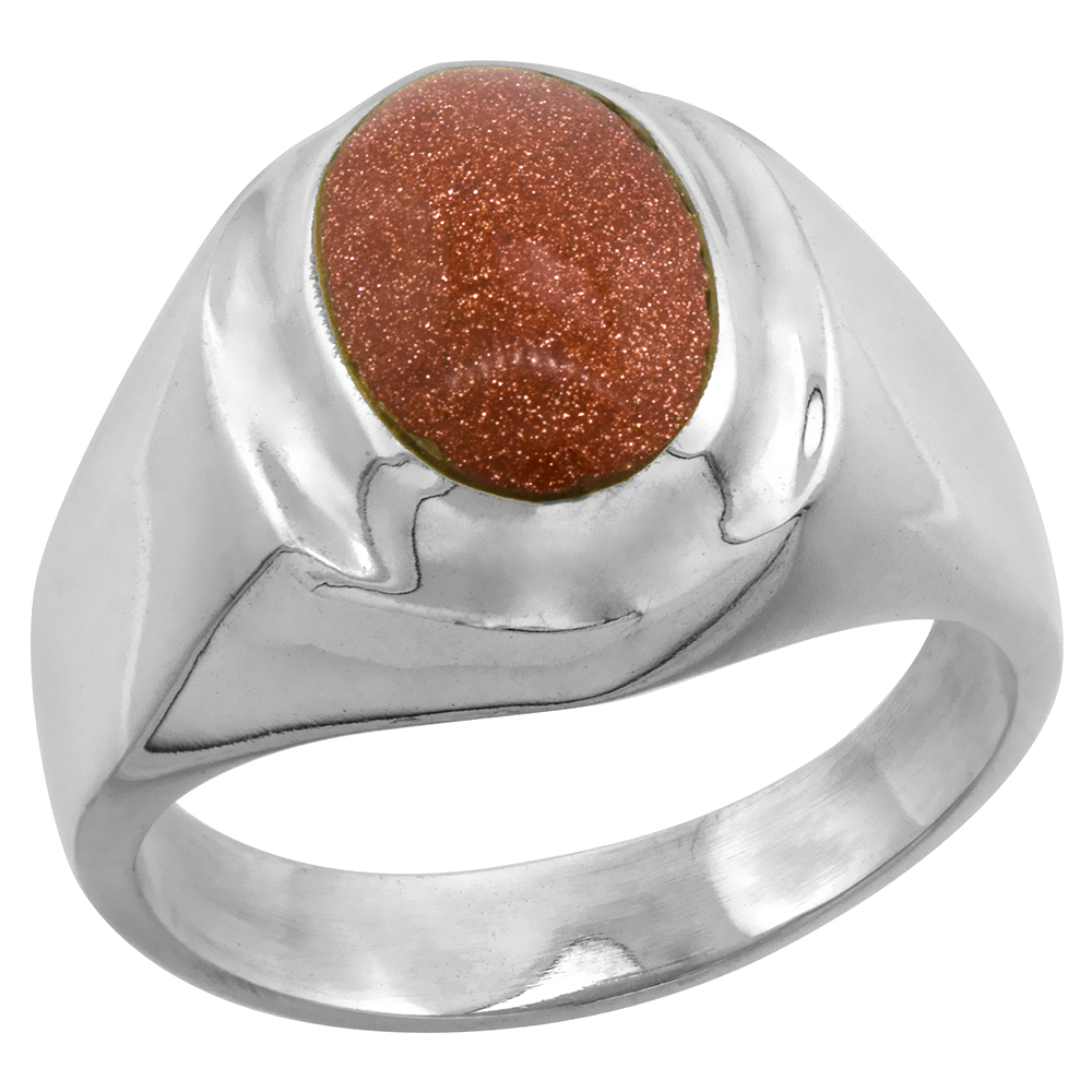 Sterling Silver Goldstone Ring for Men Oval Recessed Rim Solid Back Handmade, sizes 9 - 13