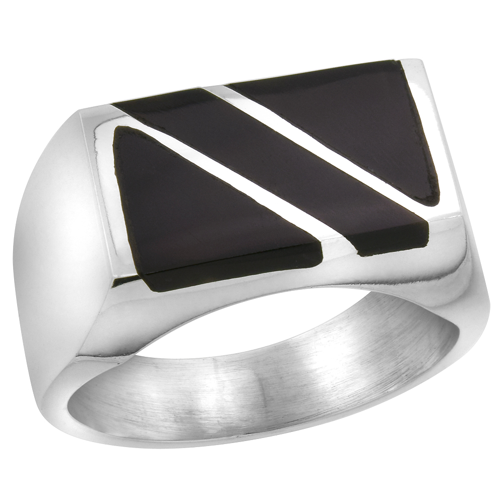 Sterling Silver Black Obsidian Ring for Men Rectangular Diagonal Stripe Solid Back Handmade, sizes 9 - 13