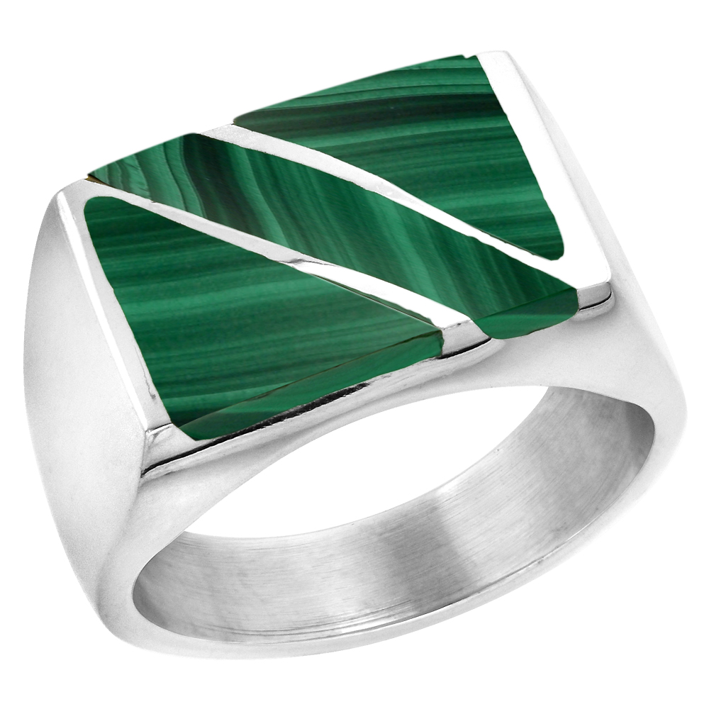 Sterling Silver Malachite Ring for Men Rectangular Diagonal Stripe Solid Back Handmade, sizes 9 - 13