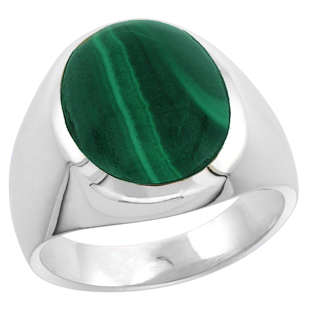 Sterling Silver Malachite Ring for Men Large Oval Domed Solid Back Handmade, sizes 9 - 13