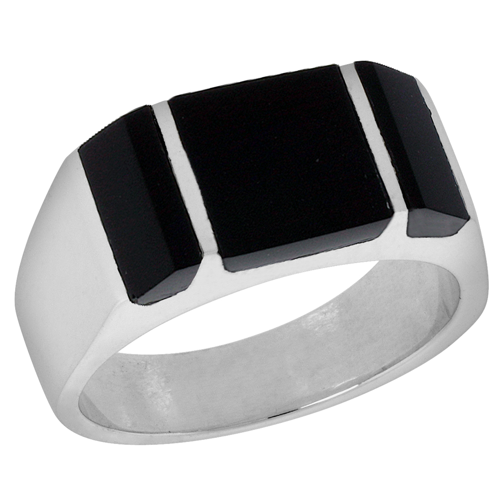 Sterling Silver Black Obsidian Ring for Men Rectangular Striped Solid Back Handmade, sizes 9 - 13