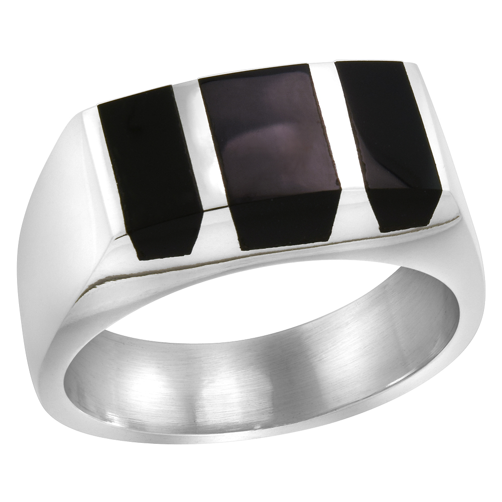 Sterling Silver Black Obsidian Ring for Men Rectangular Striped Solid Back Handmade, sizes 9 - 13