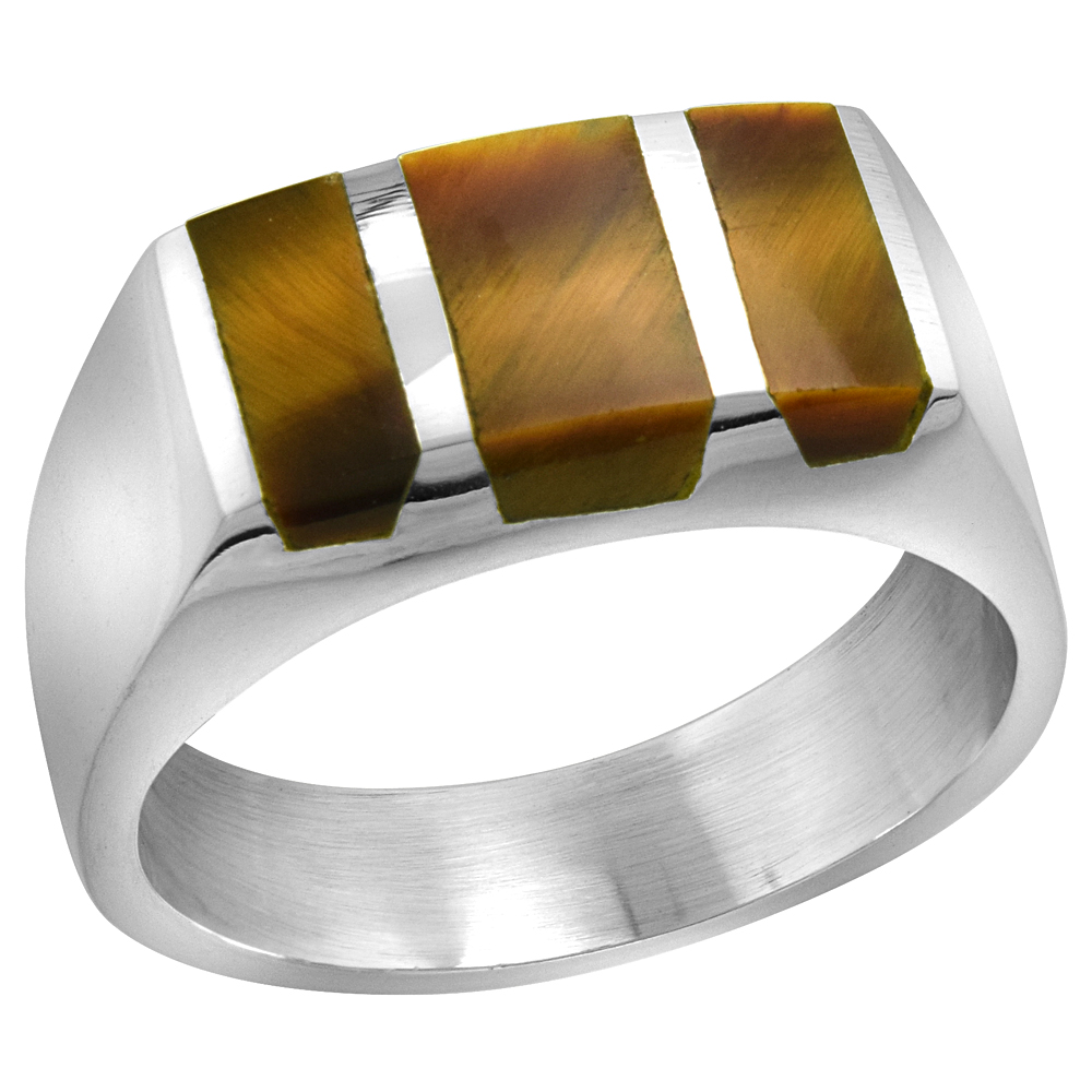Sterling Silver Tiger Eye Ring for Men Rectangular Striped Solid Back Handmade, sizes 9-13