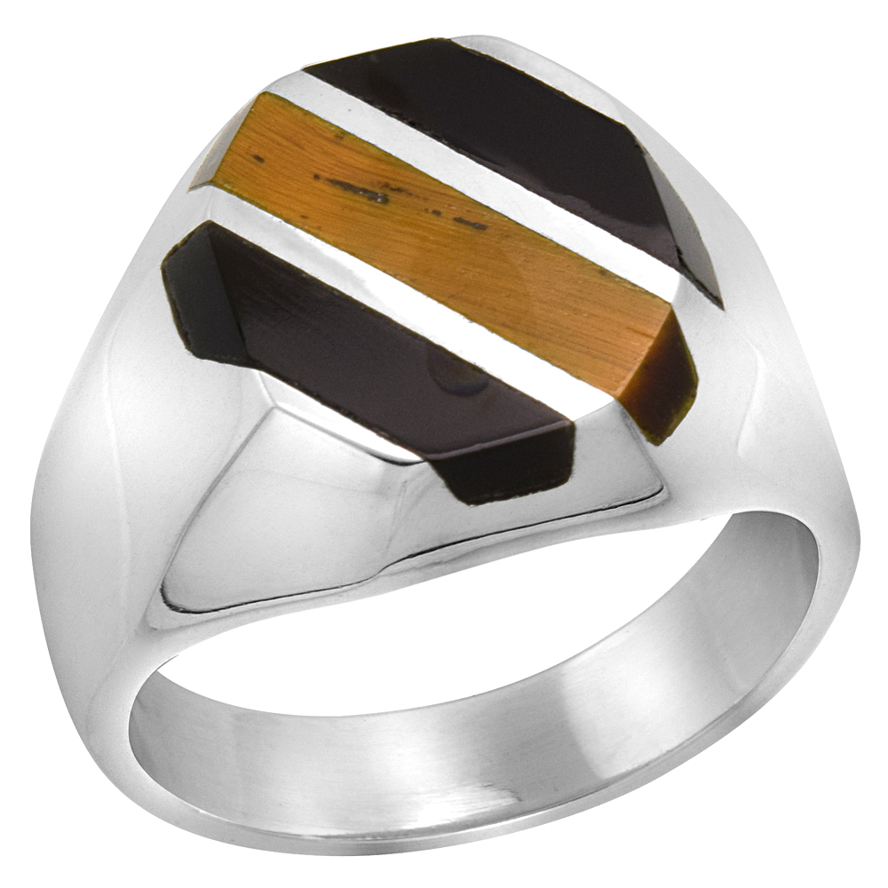 Sterling Silver Obsidian & Tiger Eye Ring for Men Octagonal 3 Stripes Solid Back Handmade, sizes 9-13