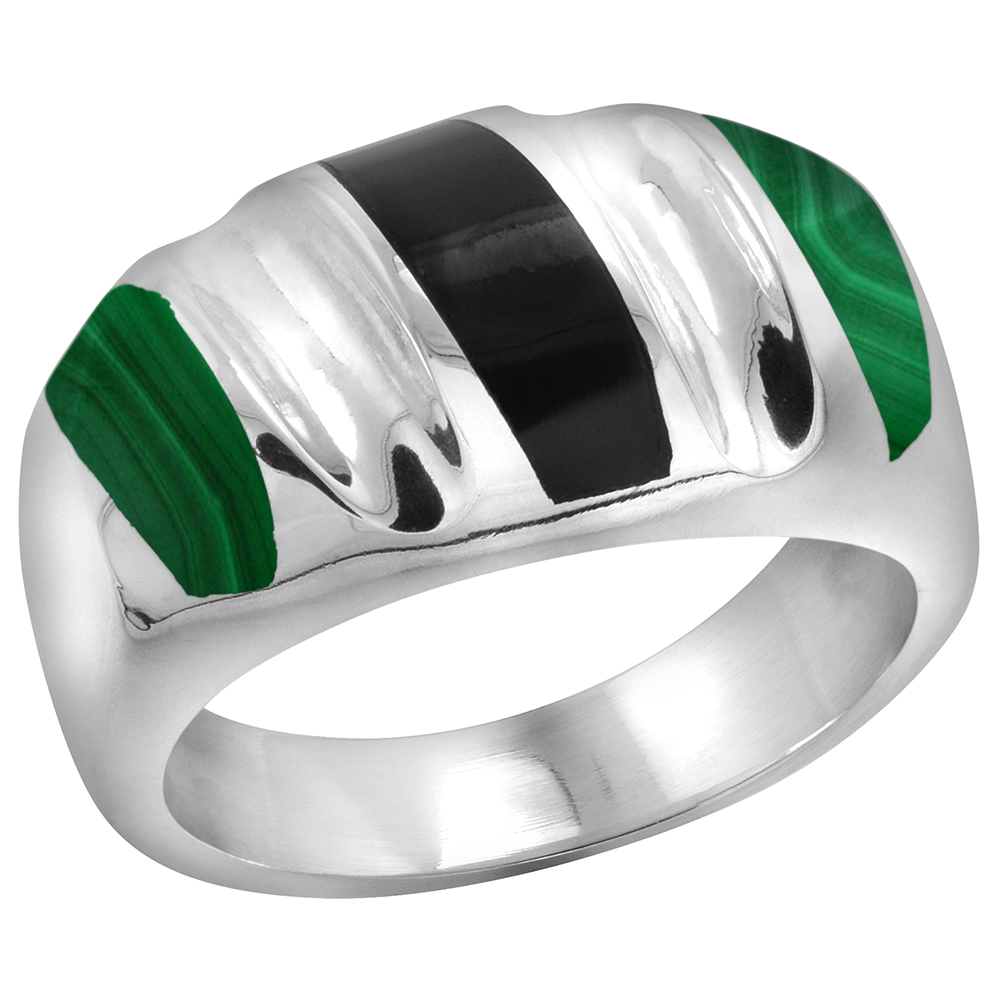 Sterling Silver Black Obsidian &amp; Malachite Ring for Men Oval Concave Stripes Solid Back Handmade, sizes 9 - 13