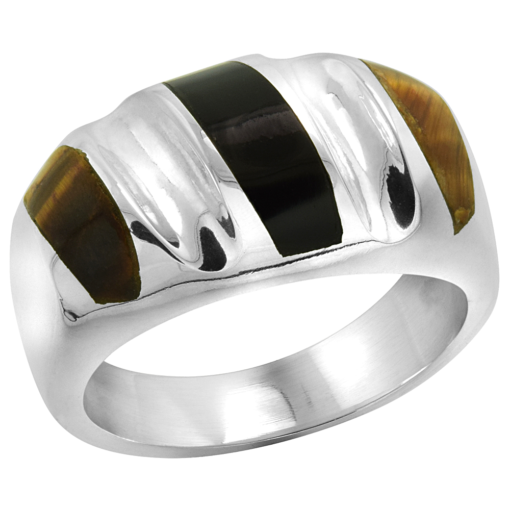 Sterling Silver Obsidian & Tiger Eye Ring for Men Oval Concave Stripes Solid Back Handmade, sizes 9-13