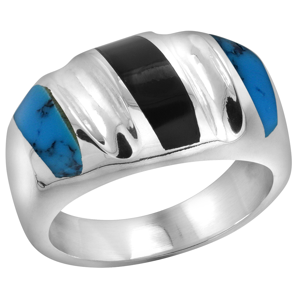 Sterling Silver Black Obsidian &amp; Reconstituted Turquoise Ring for Men Oval Concave Stripes Solid Back Handmade, sizes 9 - 13