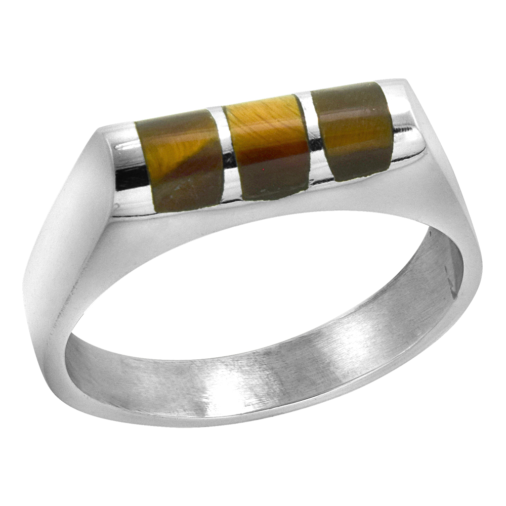Sterling Silver Tiger Eye Ring for Men Half Tube 3 Stripes Solid Back Handmade, sizes 7 - 10