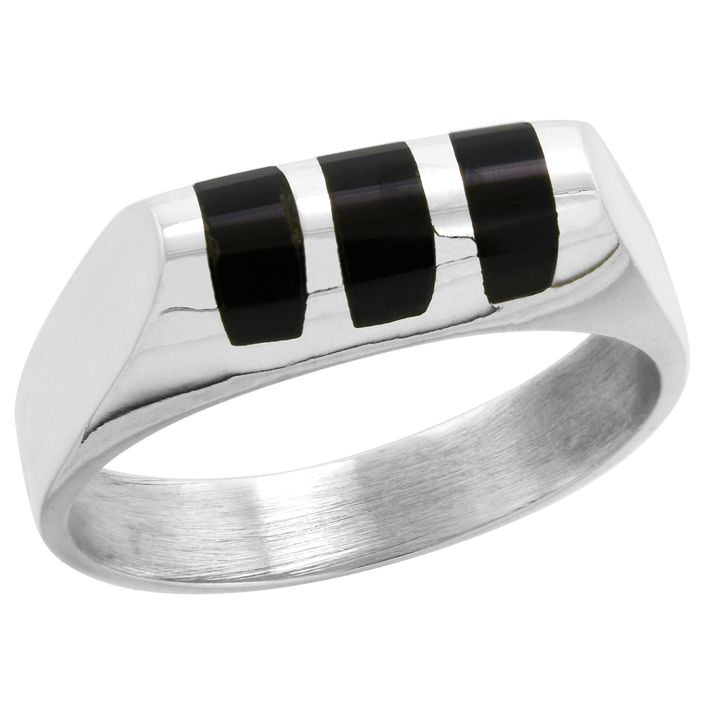 Sterling Silver Black Obsidian Ring for Men Half Tube 3 Stripes Solid Back Handmade, sizes 7 - 10