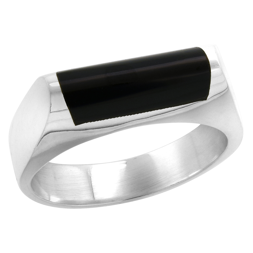 Sterling Silver Black Obsidian Ring for Men Half Tube Thin Solid Back Handmade, sizes 7 - 10