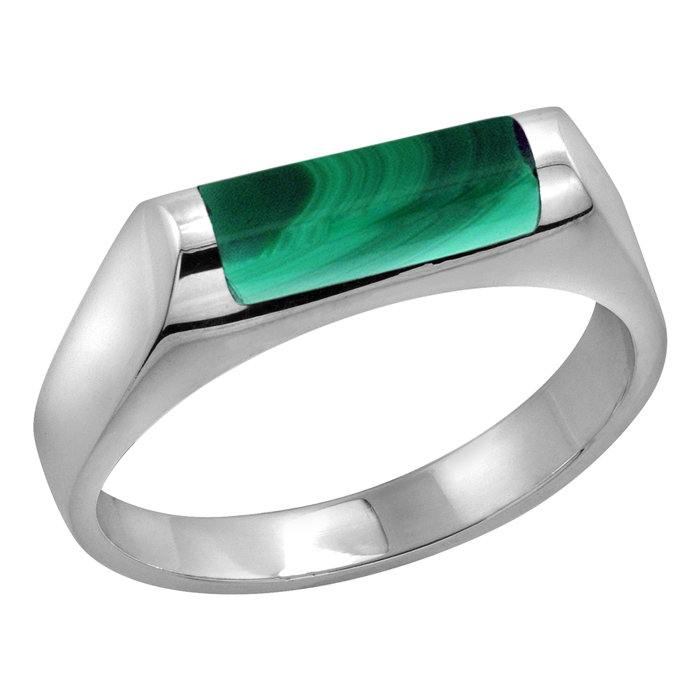 Sterling Silver Malachite ring for boys Half Tube Thin Solid Back Handmade, sizes 7 - 10