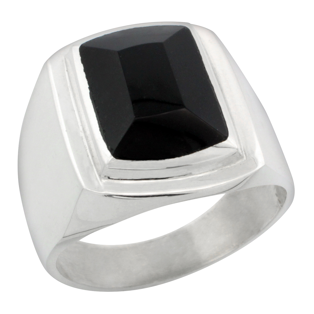 Sterling Silver Black Obsidian Ring for Men Large Rectangular Beveled Solid Back Handmade, sizes 8 - 14