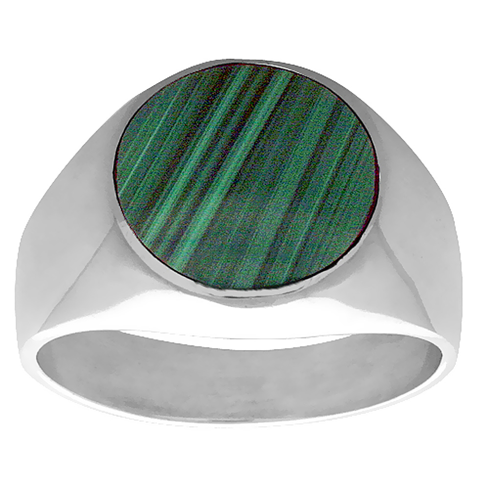 Sterling Silver Malachite Ring for Men Round Low Domed Solid Back Handmade, sizes 8 - 14