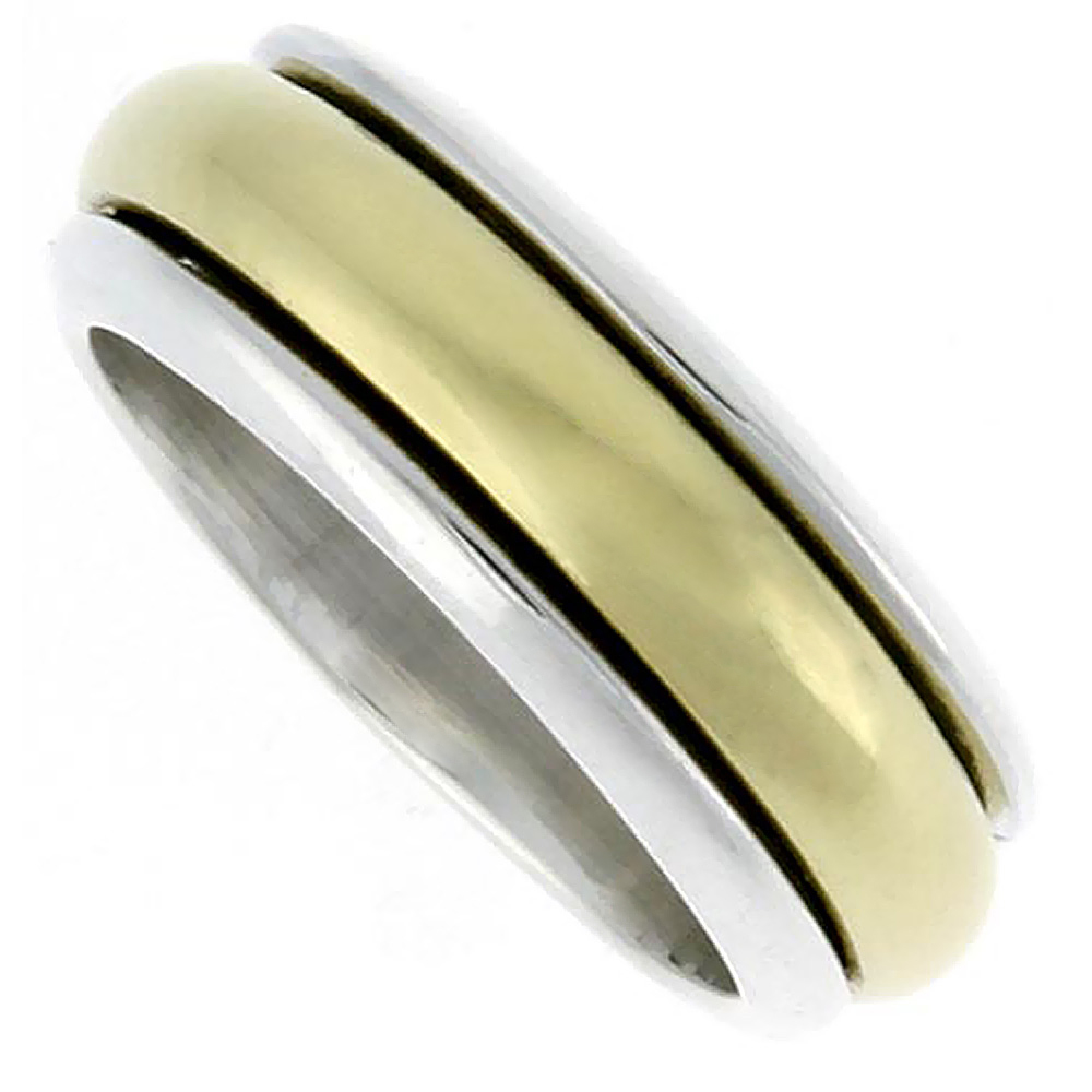 8mm Sterling Silver Mens Spinner Ring with Brass Rotating Band Handmade 5/16 wide
