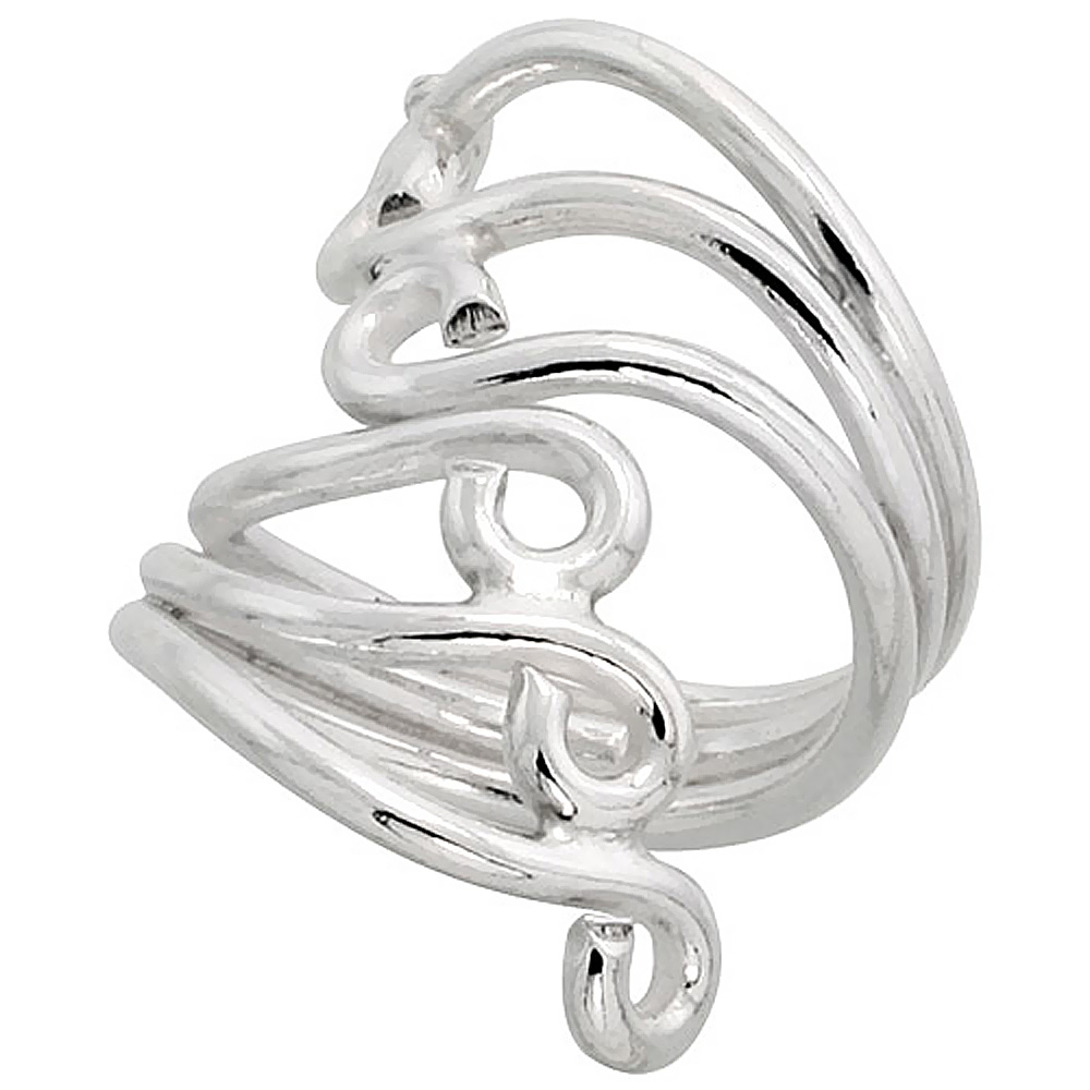 Sterling Silver Wire Wrap Ring for Women 3 Scrolls Bypass Handmade 1 1/4 inch long, sizes 6 - 10 