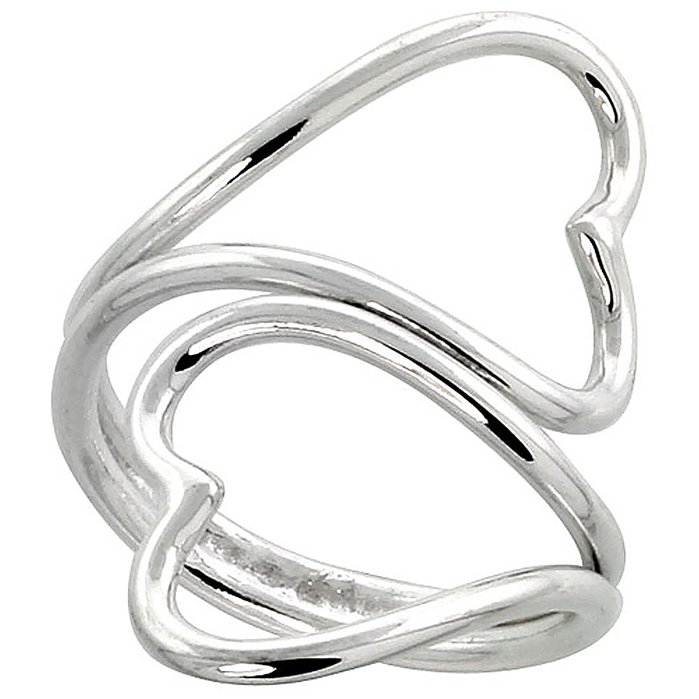 Sterling Silver Wire Wrap Ring for Women Long Hearts Bypass Handmade 1 1/4 inch long, sizes 6 - 10