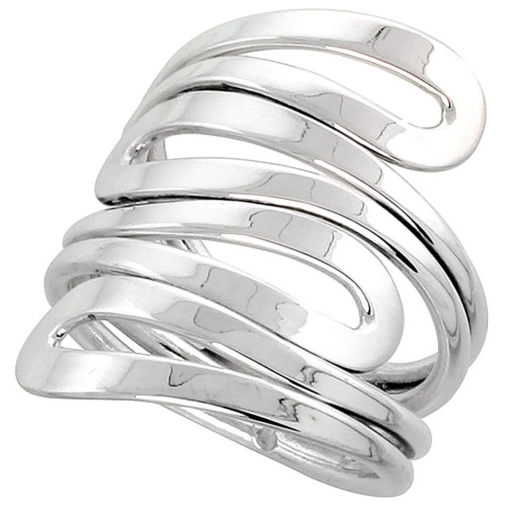 Sterling Silver Wire Wrap Ring for Women 4 Waves Bypass Handmade 1 inch long, sizes 6 - 10 