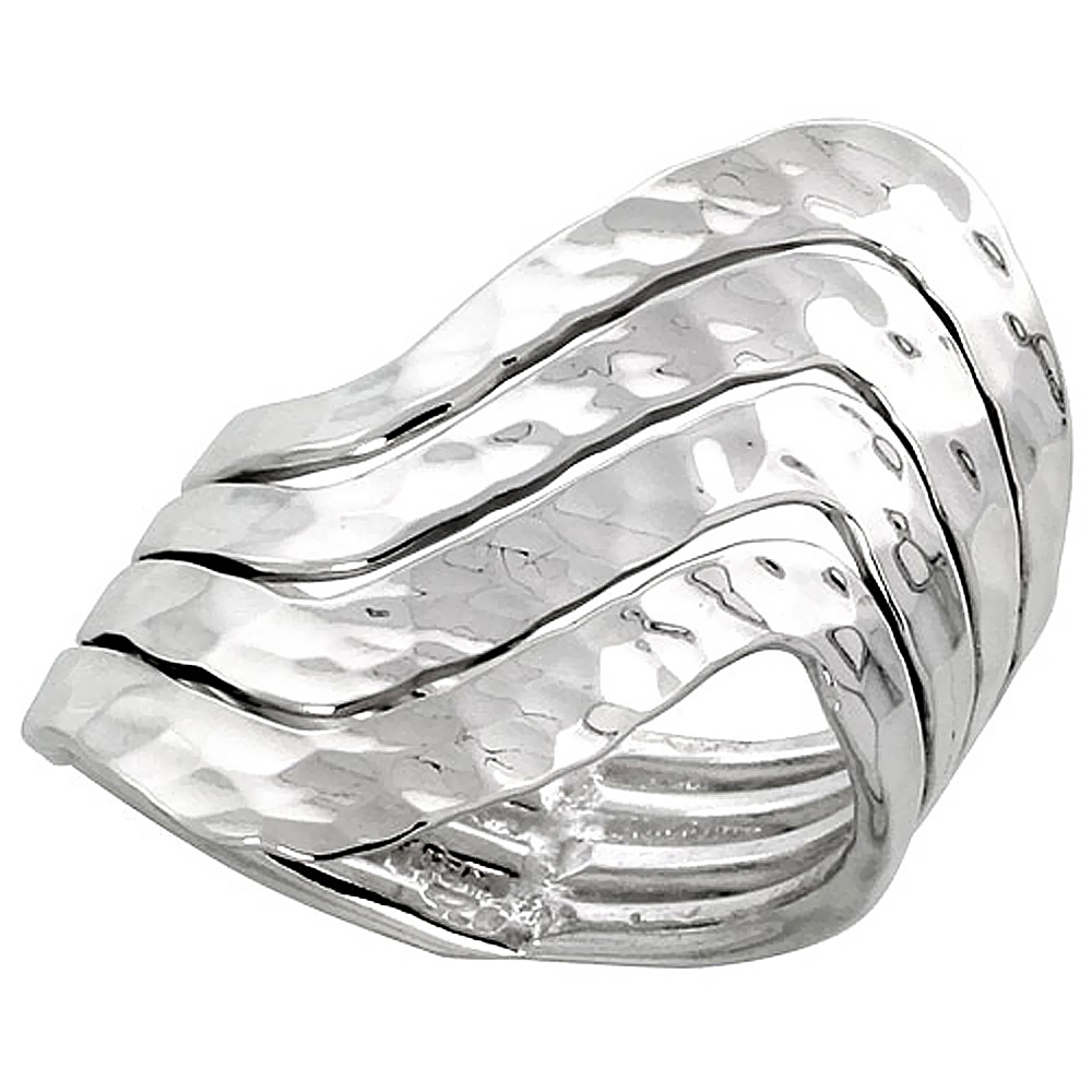 Sterling Silver Wire Wrap Ring for Women Hammered Curves Bypass Handmade 1 1/8 inch long, sizes 6 - 10 